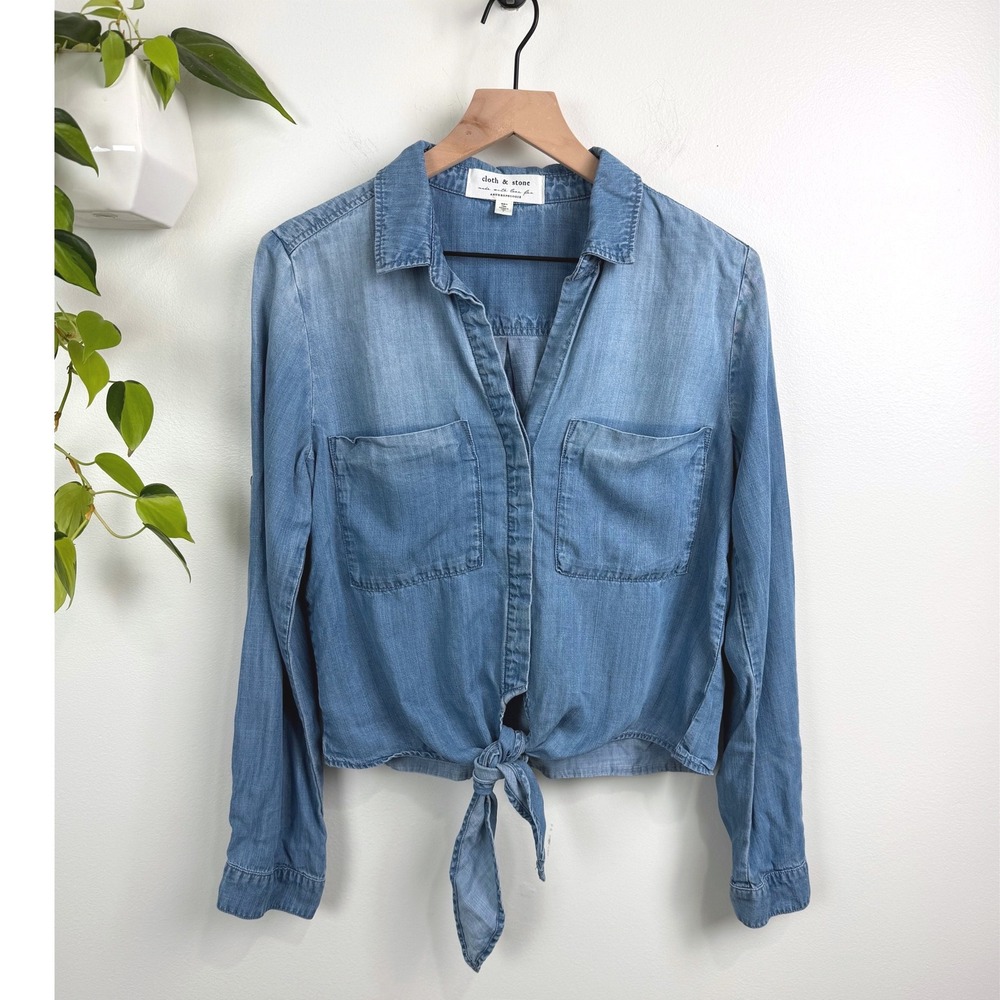 Cloth & Stone Anthropologie Blue Tencel Tie Button Down Shirt S Boho Minimalist